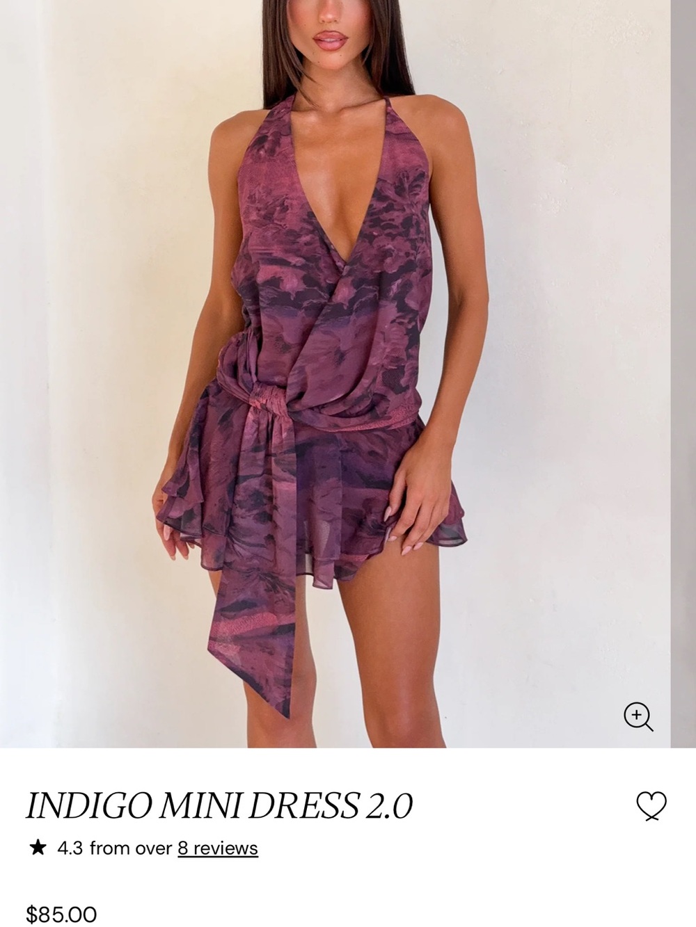 TIGER MIST WITH TAGS Plunging Halter Tie-Waist Mini Dress in Mauve Print